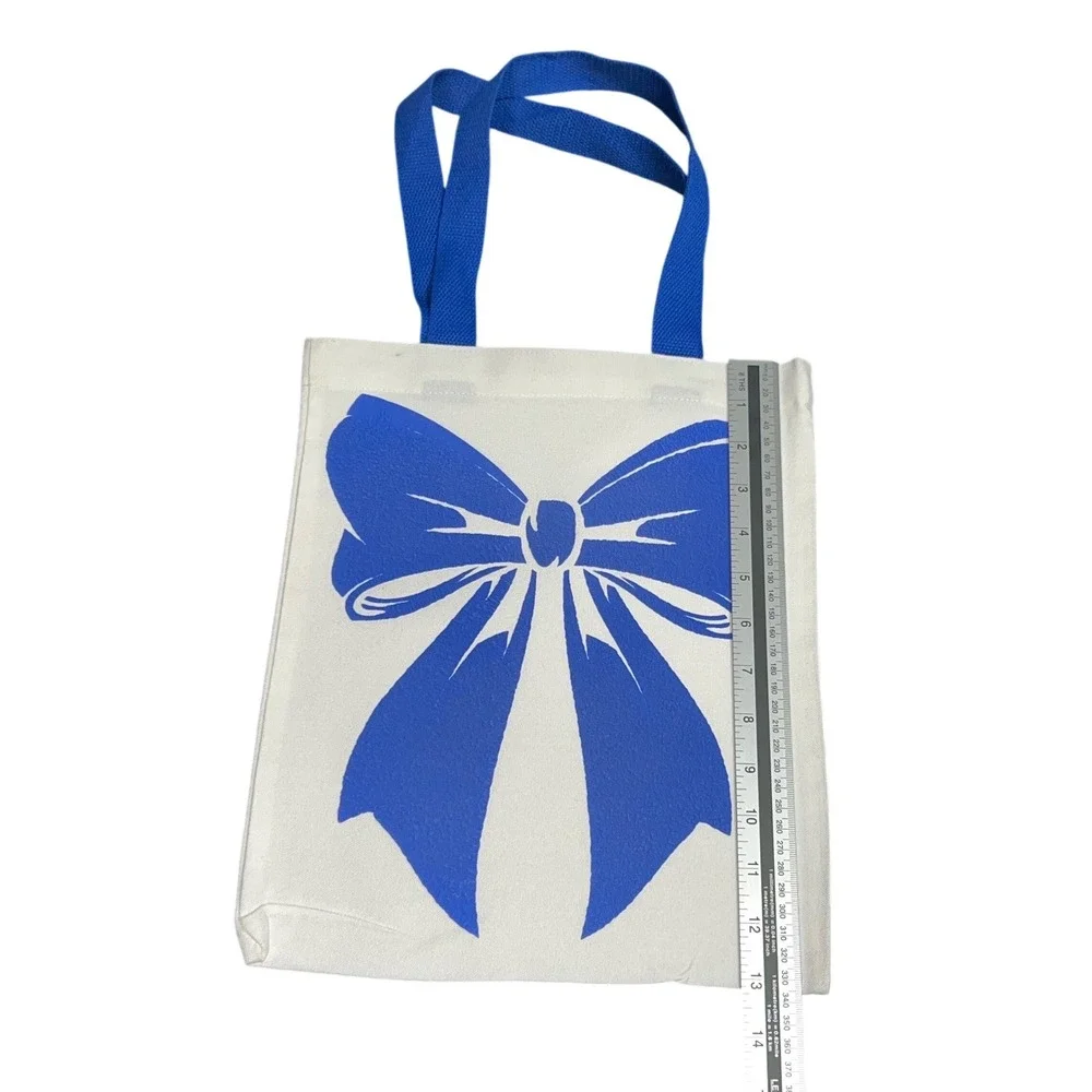 Puff Blue Ribbon Bow Canvas Tote Bag White Small Excellent Coquette Aesthetic